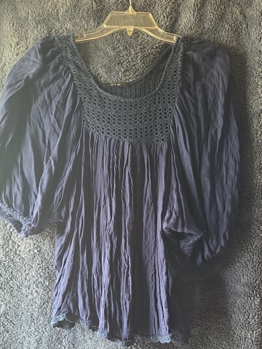 Miss Me Navy Crochet Yoke Peasant Blouse